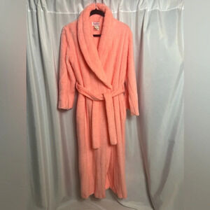 Vintage Evelyn Pearson Coral Pink Plush Robe Medium Belted Lounge Wrap